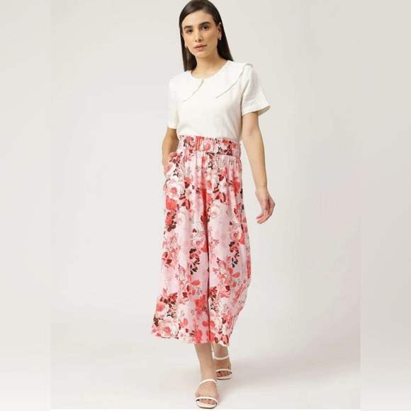 Marks & Spencer Pants - Marks & Spencer Pink Floral Cropped Wide-Leg Pants